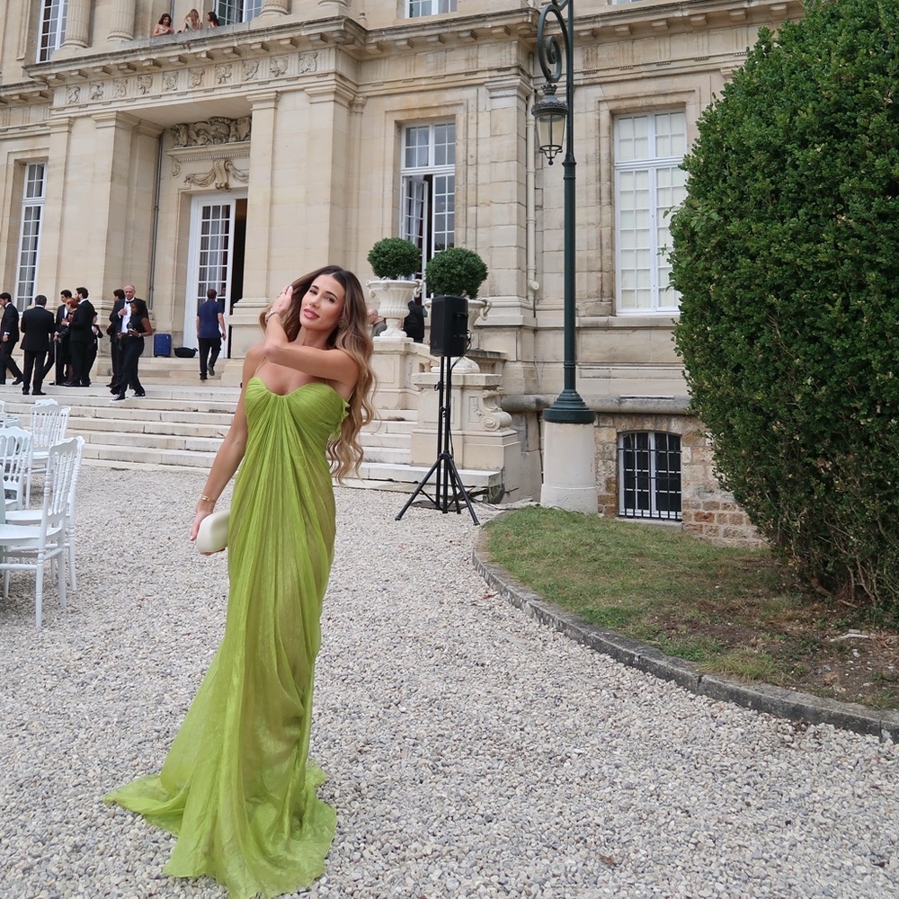 Strapless Lime Green Evening Gown - Elegant Draped Design